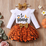 0-18M Halloween Baby Girls Pumpkin Letter Printing Long Sleeve 2 Pcs Sets