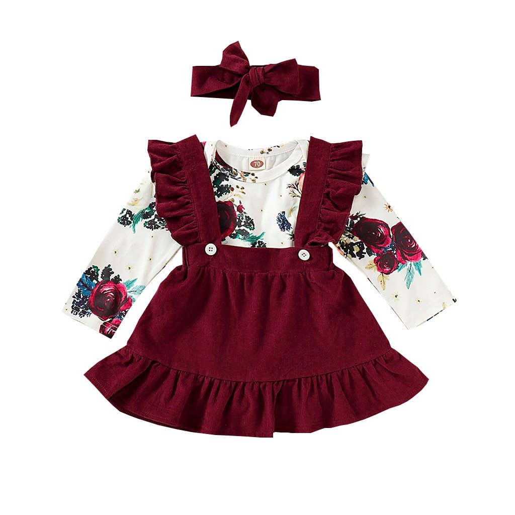 Sweet Baby Girl Long-Sleeve Floral Jumpsuit+Solid Dress+Headband 3Pcs - honeylives