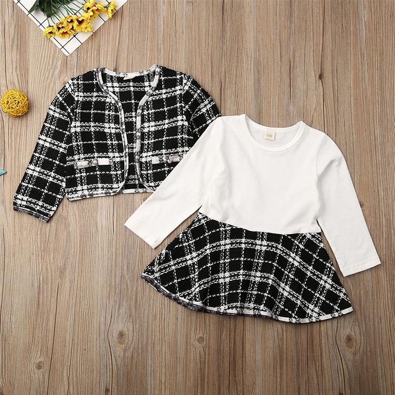 Toddler Baby Girl Long Sleeve Plaid Stitching Dress Set 2 Pcs