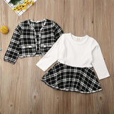 Toddler Baby Girl Long Sleeve Plaid Stitching Dress Set 2 Pcs