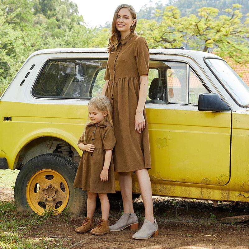 Family Matching Mommy And Me Outfits Front-Button Collar Midi-Sleeve Solid Dresses