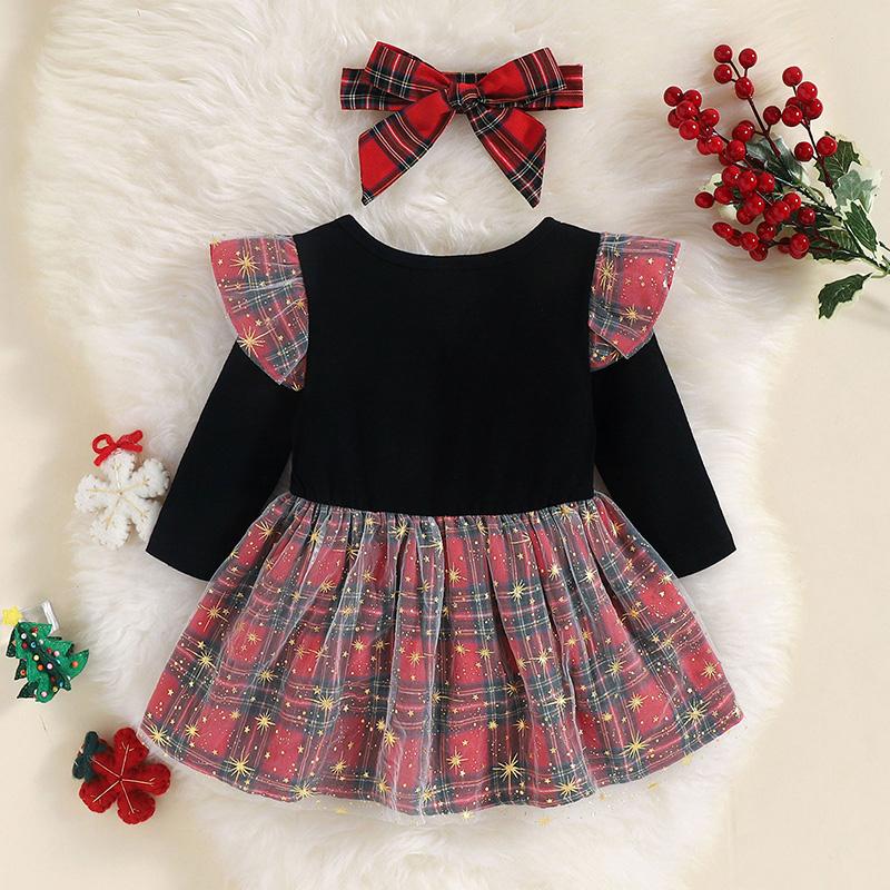 Baby Girl Reindeer Print Plaid Stitching Stars Tulle Dress