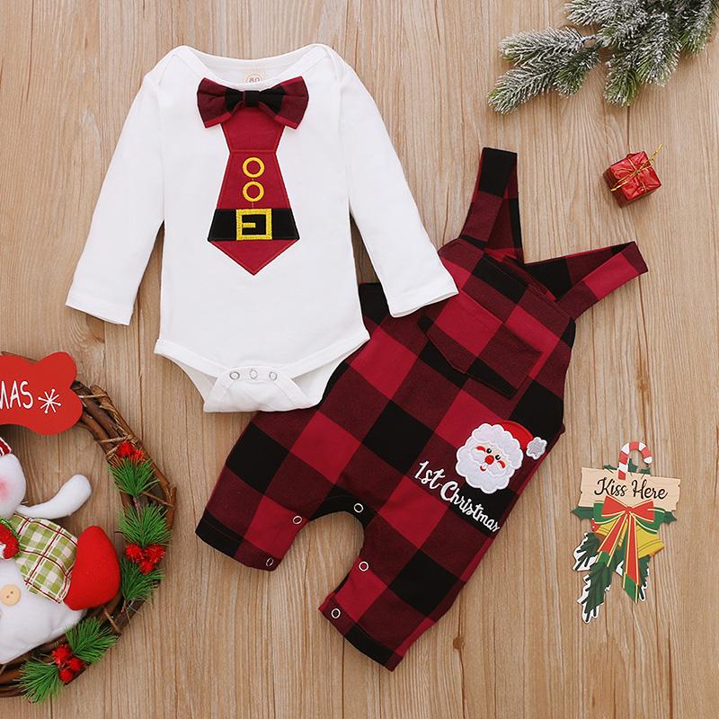 Baby Boy Girl White Long Sleeve Bow Tie Plaid 2 Pcs Set