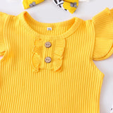 Baby Girl Flying Sleeve Ribbed Floral 3 Pcs Set