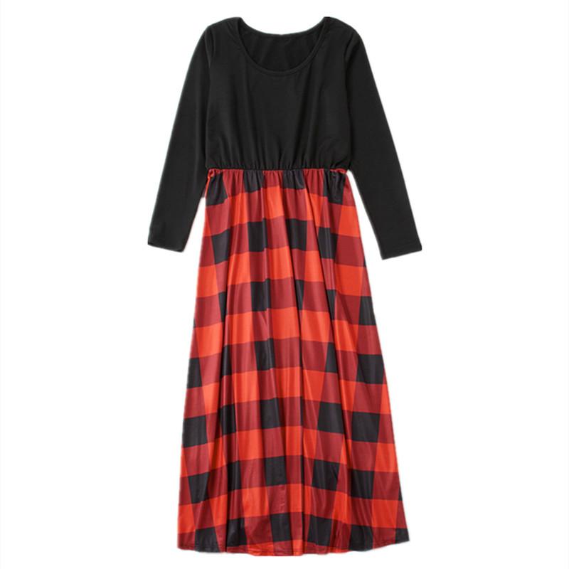 Family Matching Mommy and Me Long-sleeve Plaid Stitching Dress