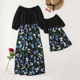 Family Matching Mommy and Me Off Shoulder Long-Sleeved Stitching Floral Dress