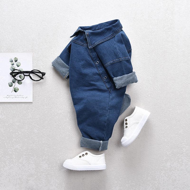 Baby Boy Girl Long Sleeve Denim Jumpsuit Oblique Romper