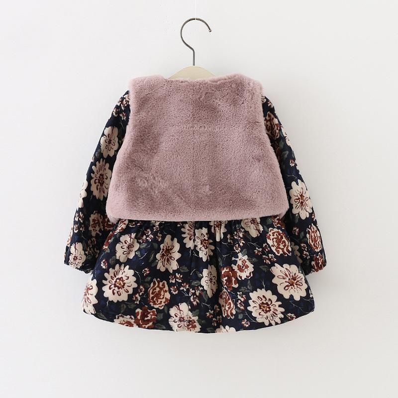 Baby Girl Floral Long Sleeve Flannelette Lining Thicken Dress 2 Pcs Sets