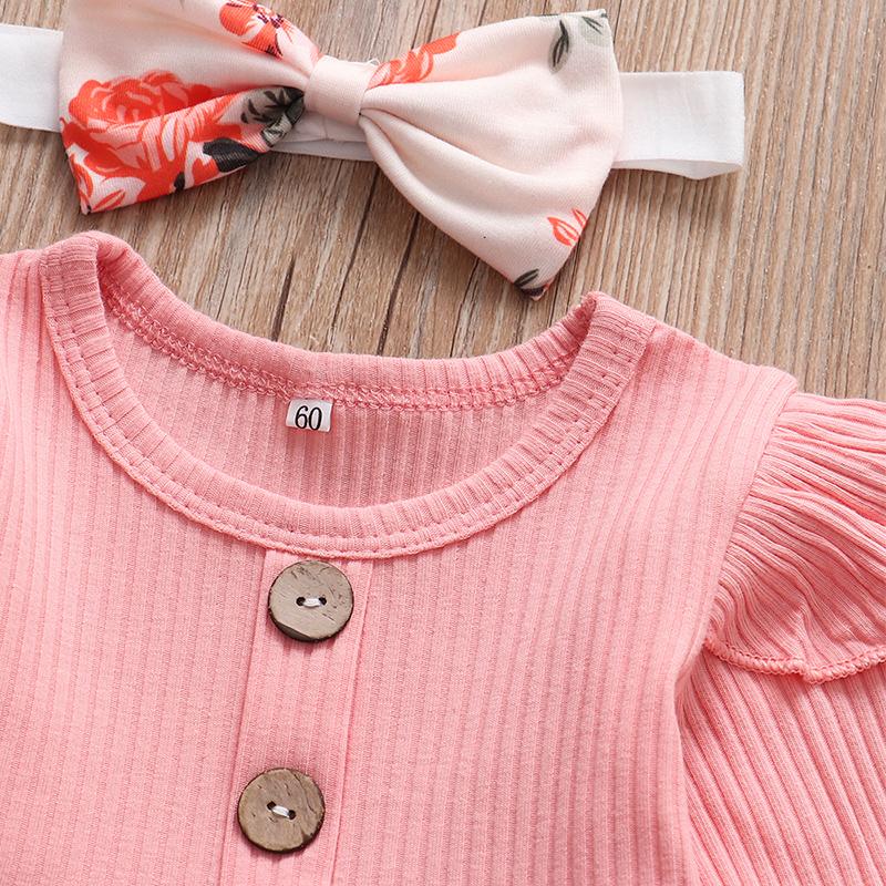 Baby Girl Solid Knitting Ruffle Long Sleeve Floral 3 Pcs Set