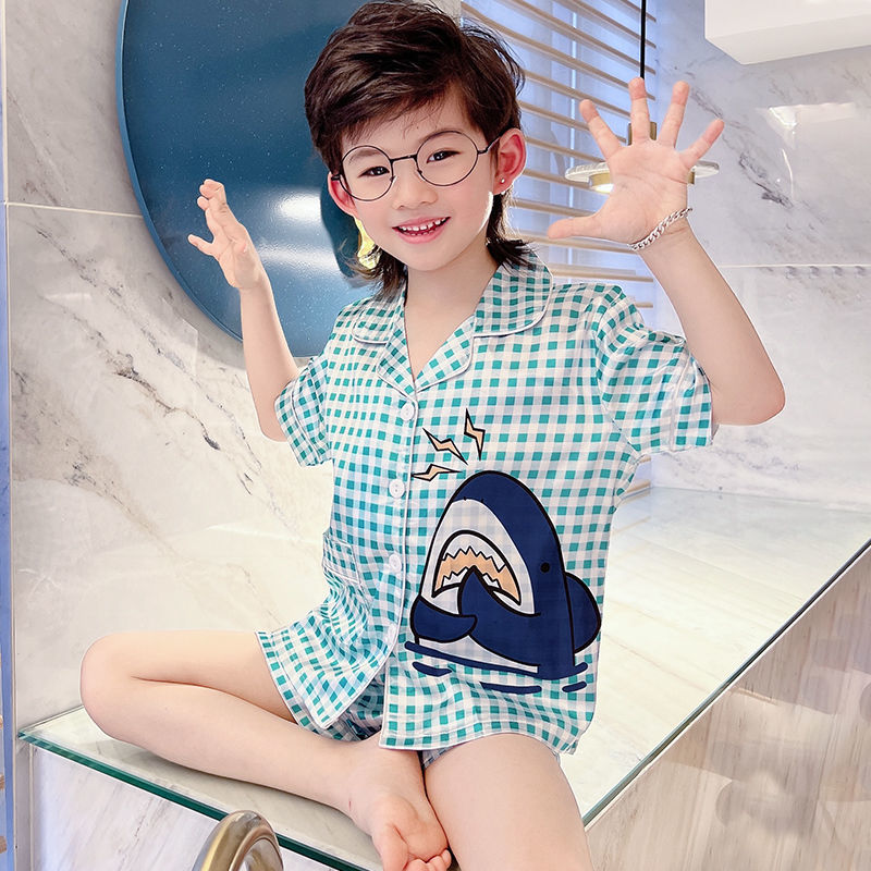 Kid Boys Home Ice Silk Pajamas Summer Thin Short Sleeve Suit Set