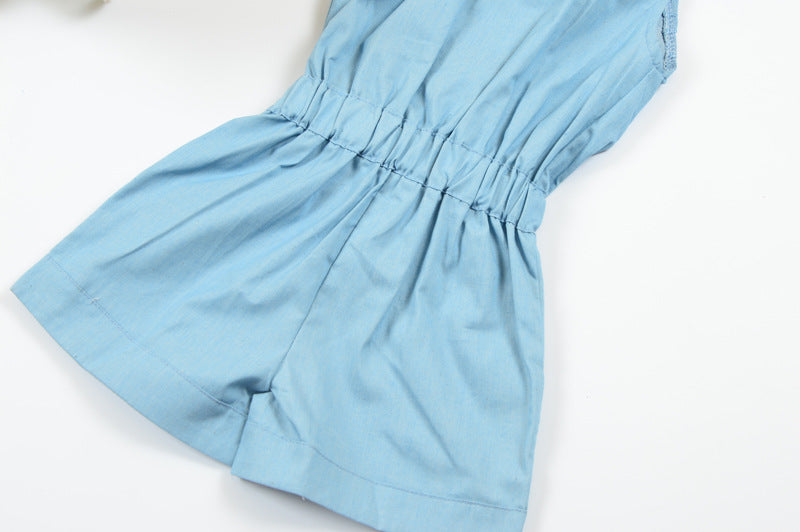 Kid Baby Girls Onesie Jean Fly Sleeves Bow Summer Rompers