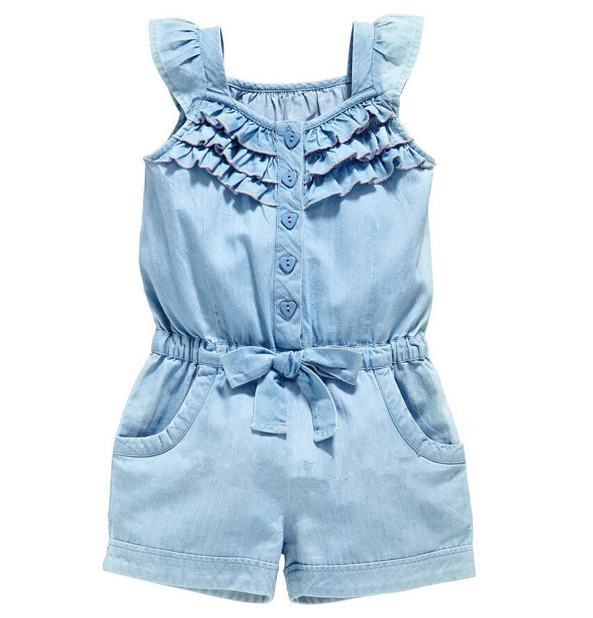 Kid Baby Girls Onesie Jean Fly Sleeves Bow Summer Rompers