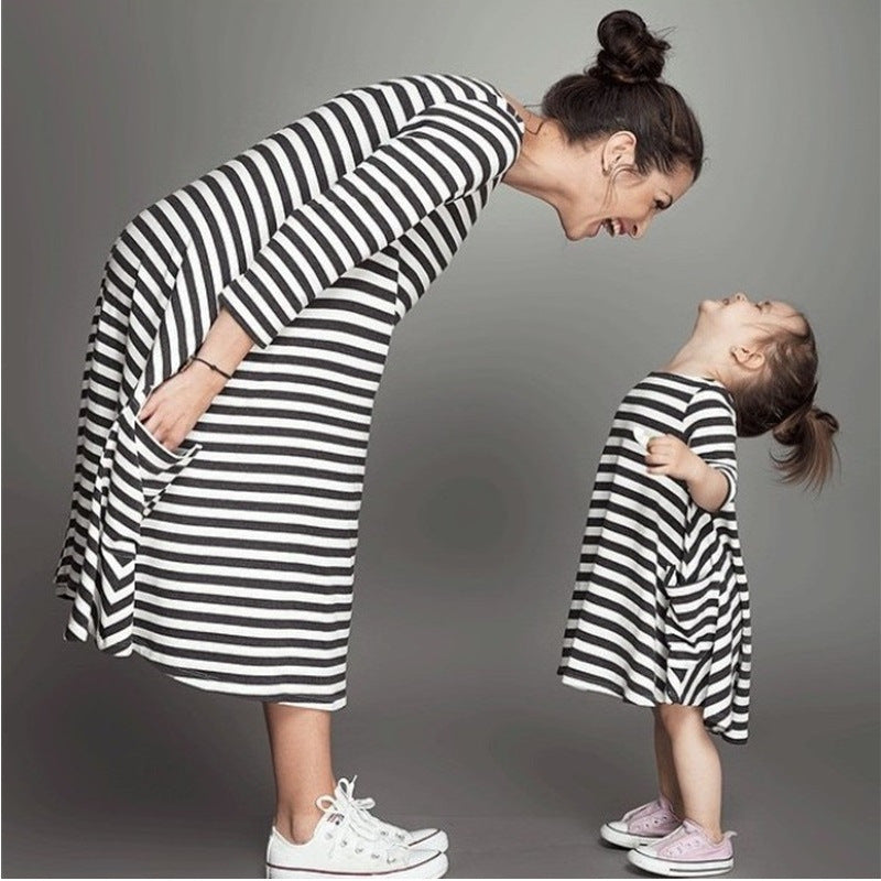Family Matching Parent-child Black and White Stripe Casual Dress