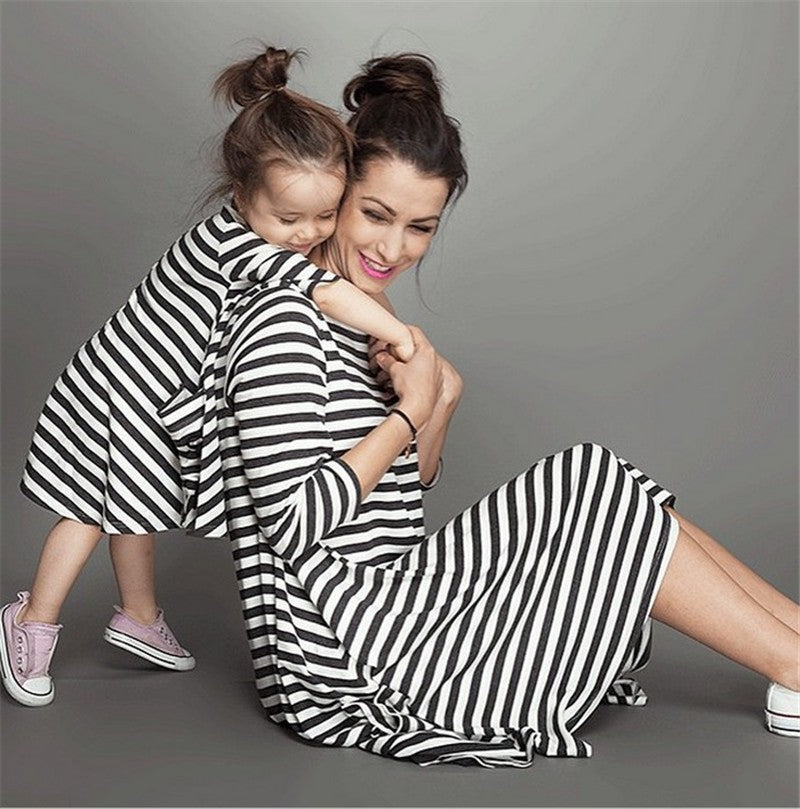 Family Matching Parent-child Black and White Stripe Casual Dress