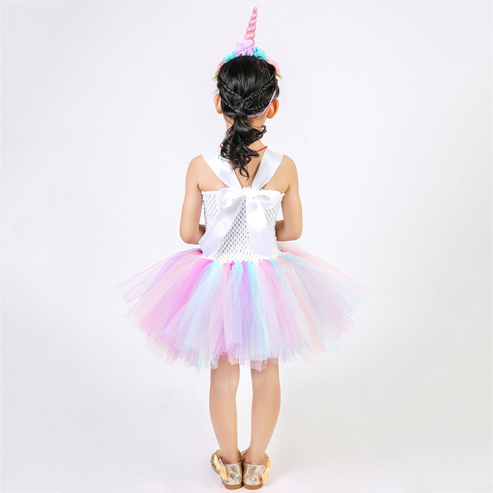 Cute Baby Unicorn Flower Tutu Pastel Tulle Dress with Hairbow Kids Birthday Party Costume - honeylives