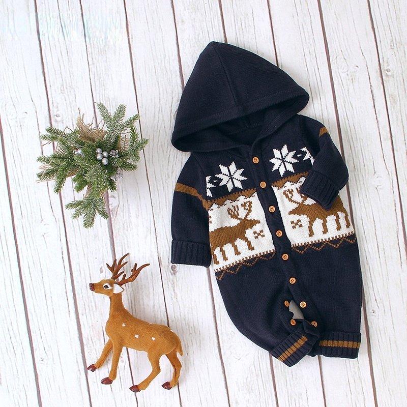 Baby Solid Hooded Long-sleeve Christmas Jumpsuit Romper
