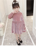 Girl Gold Autumn Pleuche Dress Lace Flower Princess Dresses 3-14 Years
