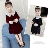 Girl Gold Autumn Pleuche Dress Lace Flower Princess Dresses 3-14 Years