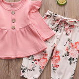Baby Girl Solid Knitting Ruffle Long Sleeve Floral 3 Pcs Set