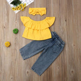Baby Girl Solid Off Shoulder Lotus Ripped 3 Pcs Set