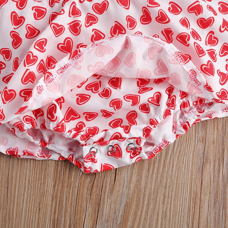 Baby Girl Heart Printed Sleeveless Dress Ruffle Valentine 2 Pcs Sets