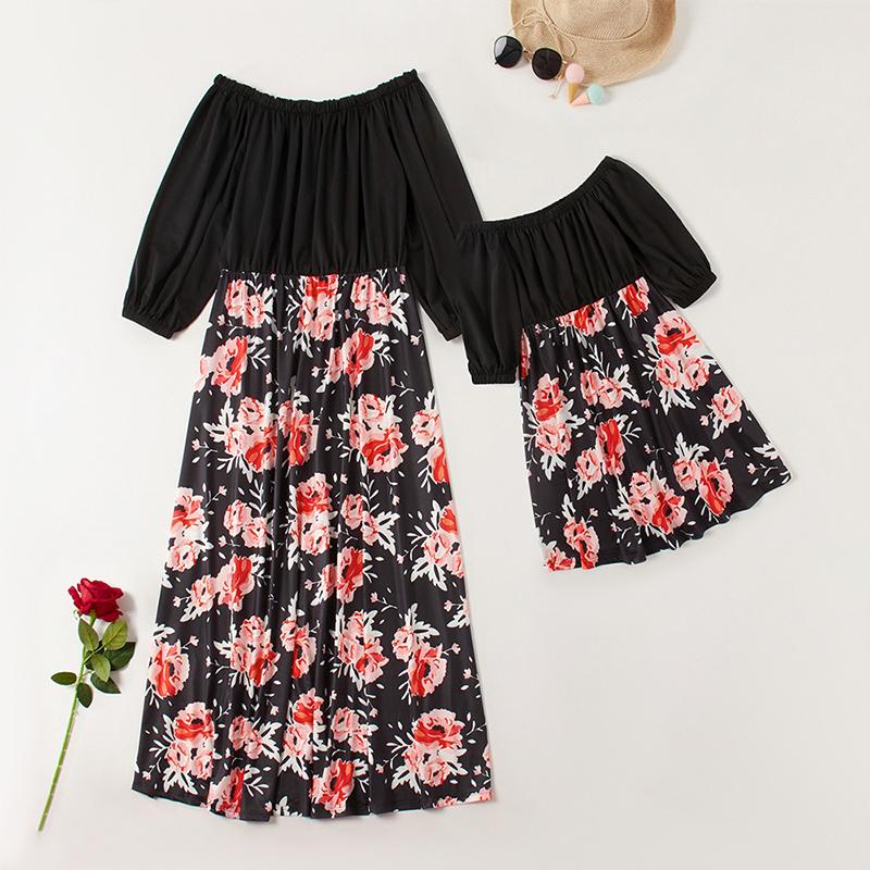 Family Matching Mommy and Me Off Shoulder Long-Sleeved Stitching Floral Dress