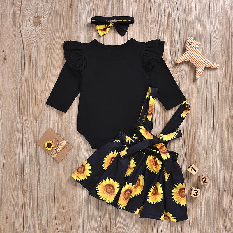 Baby Girls Ruffle Long Sleeve Sunflower Suspender 3 Pcs Set