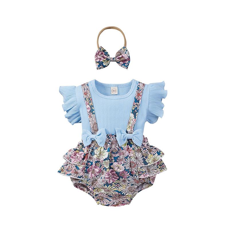 Baby Girl Ruffle Sleeve Ribbed Floral 3 Pcs Sets