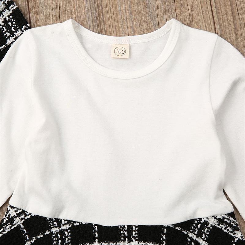 Toddler Baby Girl Long Sleeve Plaid Stitching Dress Set 2 Pcs