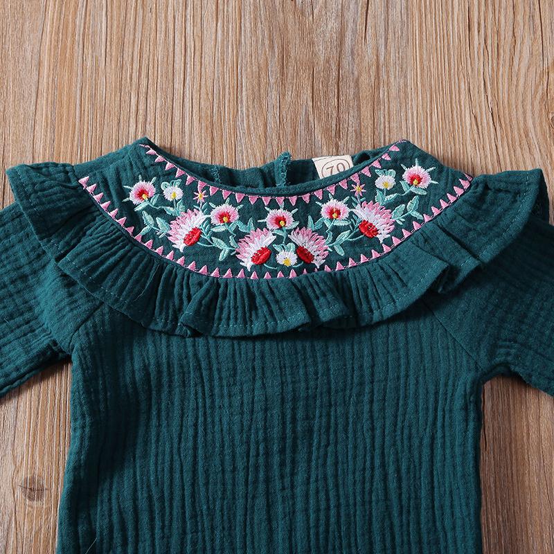 Baby Girl Cotton Linen Long Sleeve Embroidery Ruffle Romper