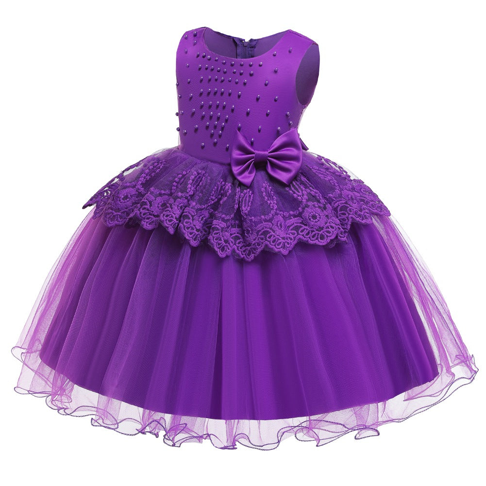 Kid Girl Princess Pearls Flower Lace Ball Gown Wedding Evening Dresses