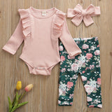 Baby Girls Knit Ruffle Long Sleeve 3Pcs Floral Sets