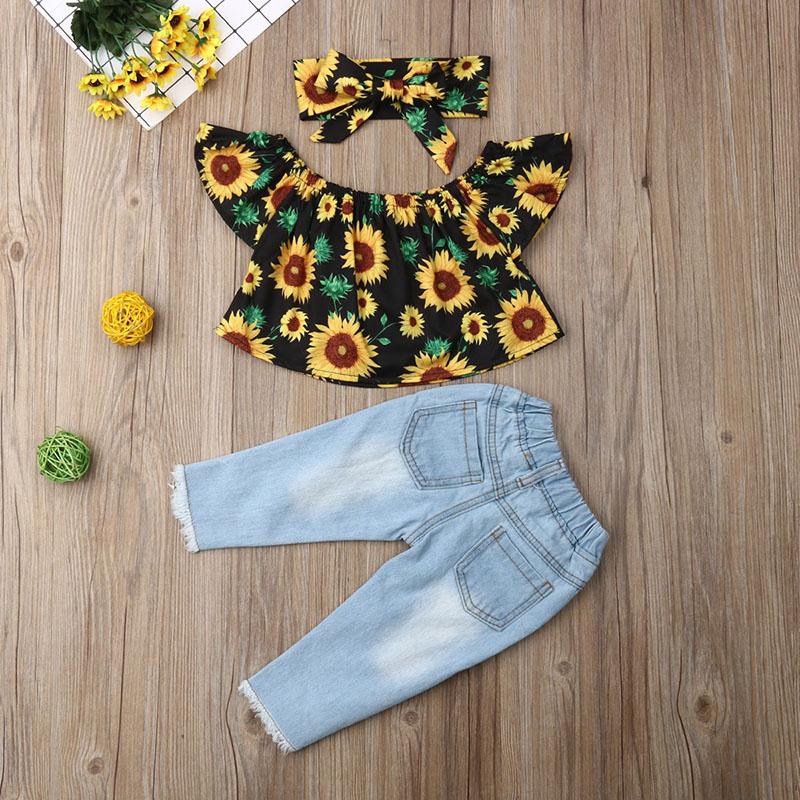 Toddler Baby Girl Ruffle Off Shoulder Sunflower Ripped 3 Pcs Set