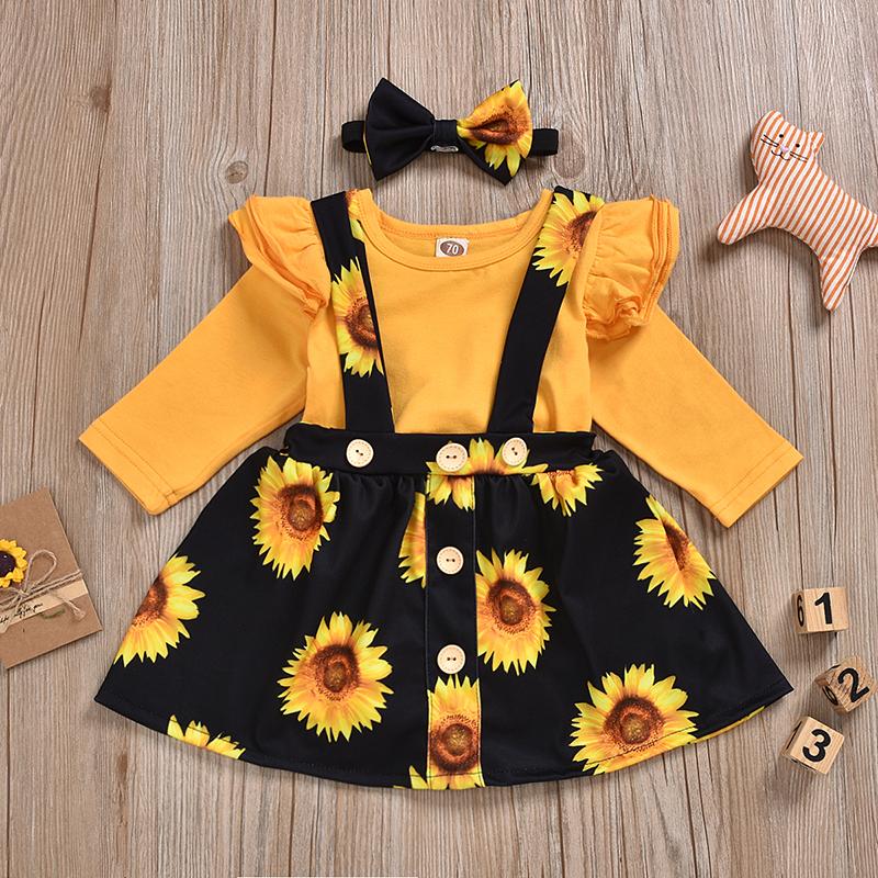 Baby Girls Ruffle Long Sleeve Sunflower Suspender 3 Pcs Set