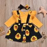 Baby Girls Ruffle Long Sleeve Sunflower Suspender 3 Pcs Set