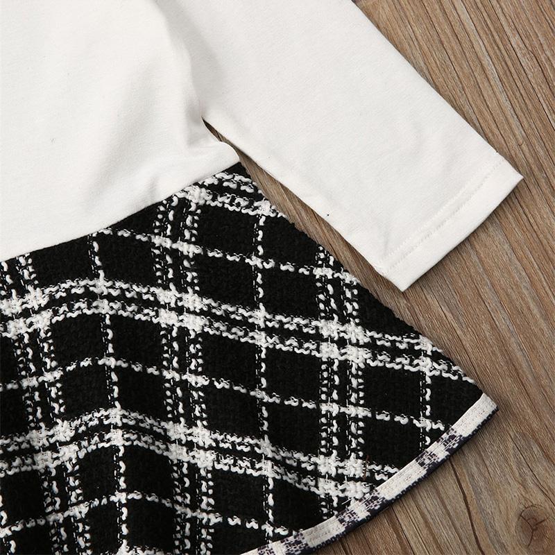 Toddler Baby Girl Long Sleeve Plaid Stitching Dress Set 2 Pcs