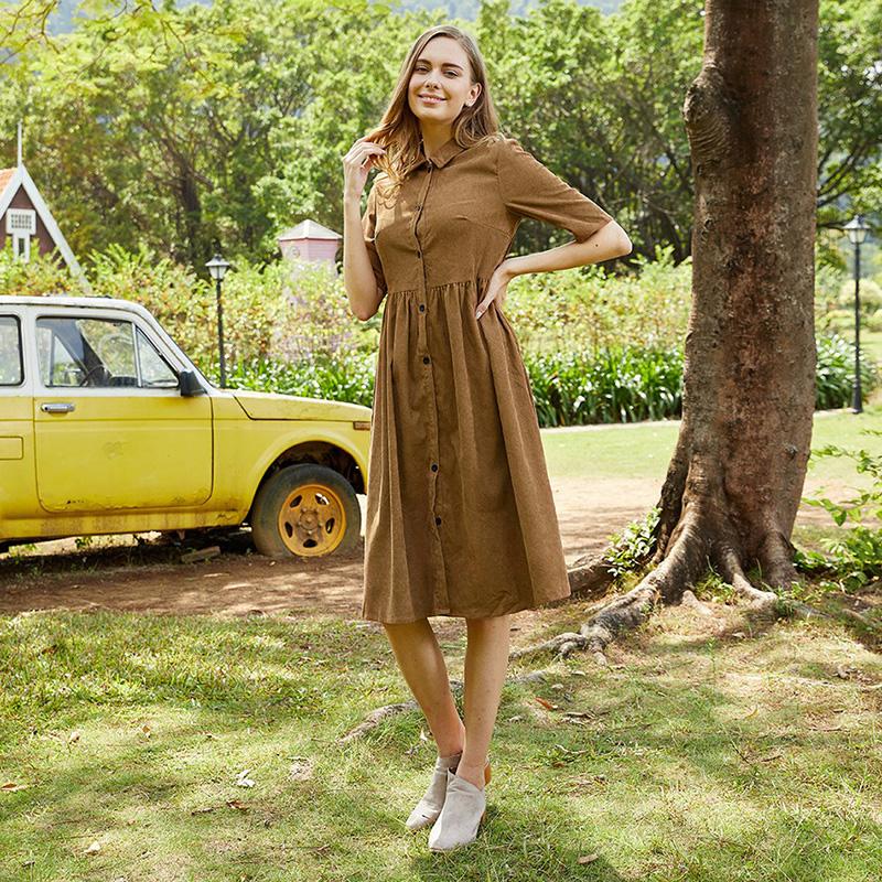 Family Matching Mommy And Me Outfits Front-Button Collar Midi-Sleeve Solid Dresses