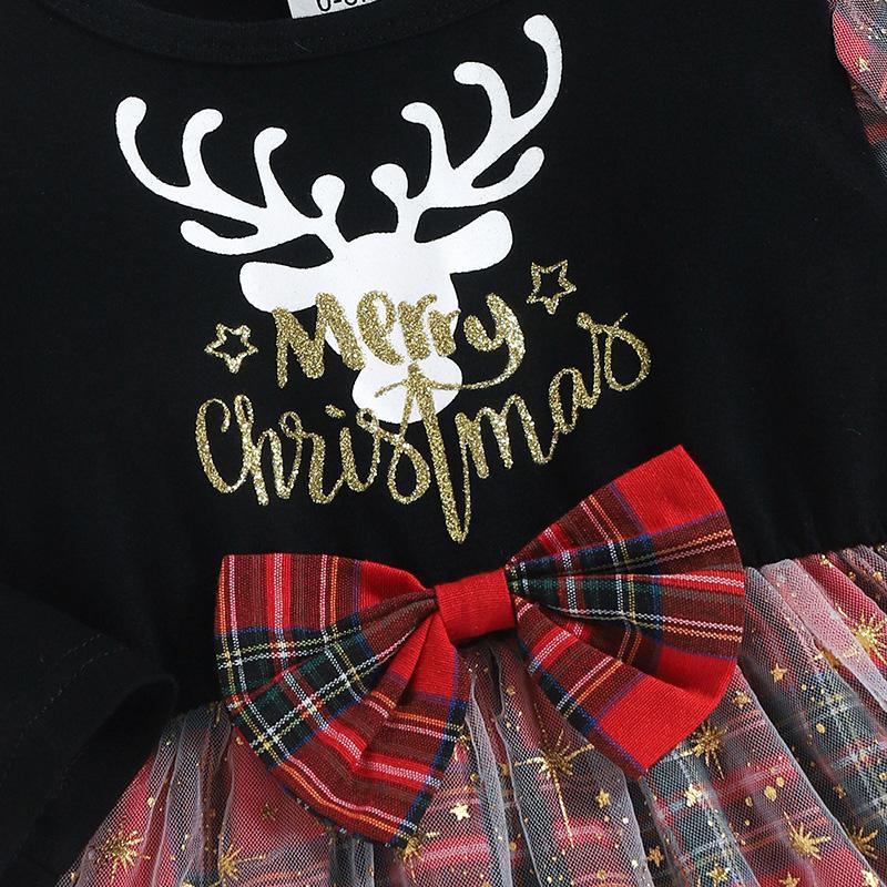 Baby Girl Reindeer Print Plaid Stitching Stars Tulle Dress