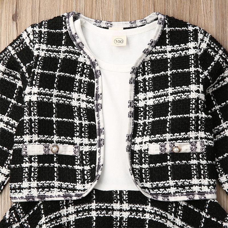 Toddler Baby Girl Long Sleeve Plaid Stitching Dress Set 2 Pcs