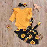 Baby Girls Ruffle Long Sleeve Sunflower Suspender 3 Pcs Set