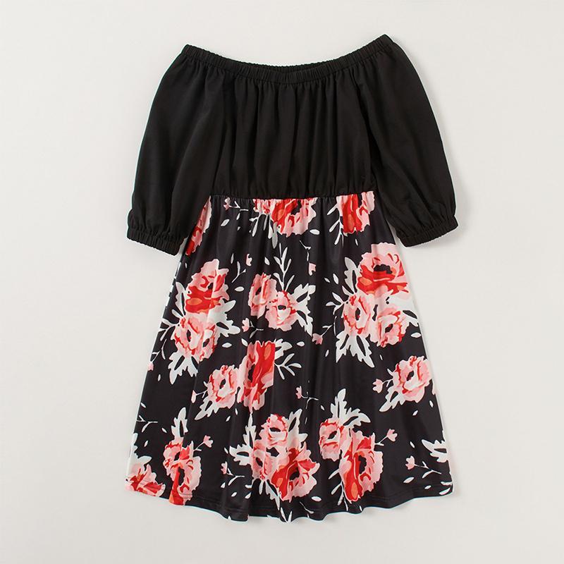 Family Matching Mommy and Me Off Shoulder Long-Sleeved Stitching Floral Dress