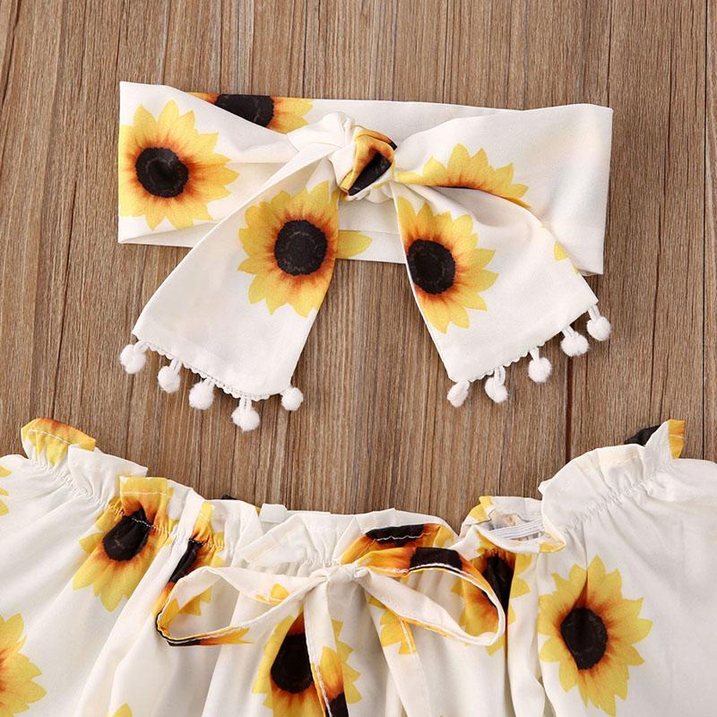 Baby Girl Off Shoulder Sunflower  Short Sleeve Romper 2 Pcs Set
