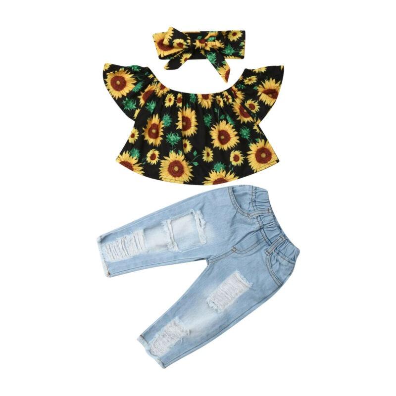Toddler Baby Girl Ruffle Off Shoulder Sunflower Ripped 3 Pcs Set