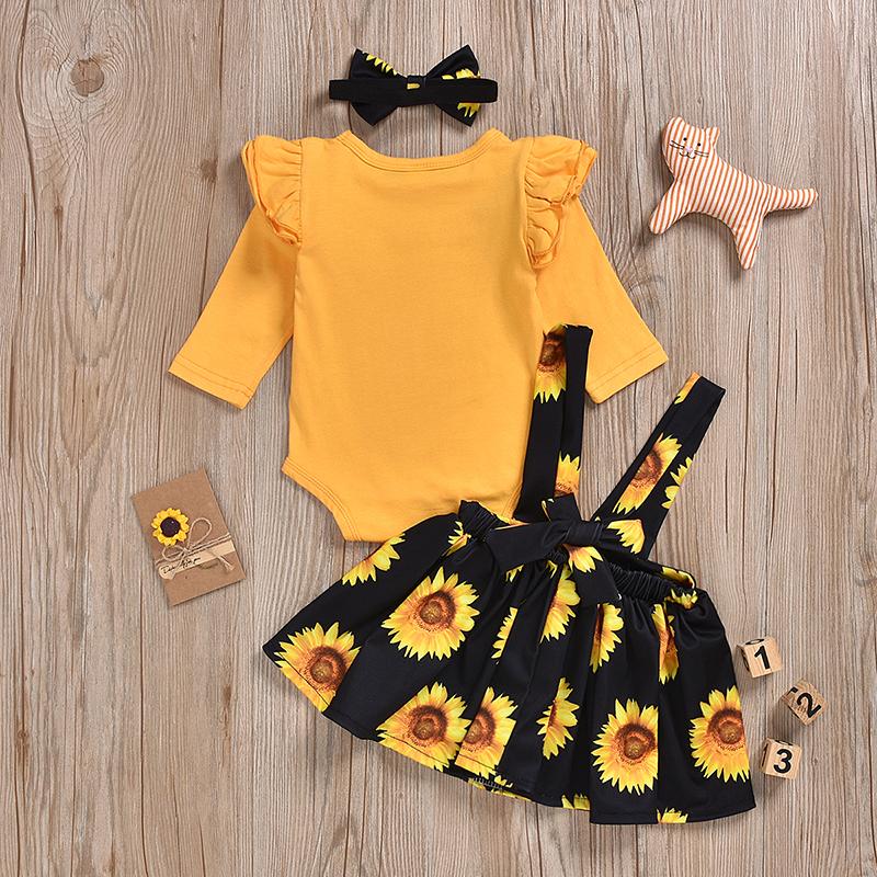 Baby Girls Ruffle Long Sleeve Sunflower Suspender 3 Pcs Set