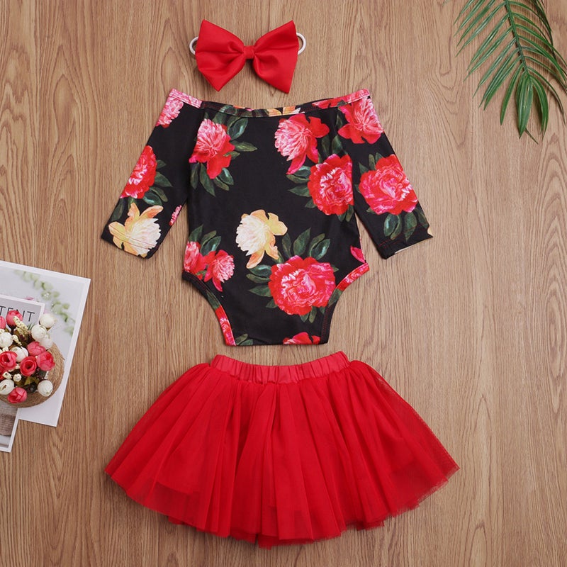 Newborn Baby Girl Flower Print Off Shoulder Valentine Sets 3 Pcs