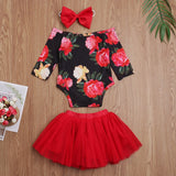 Newborn Baby Girl Flower Print Off Shoulder Valentine Sets 3 Pcs