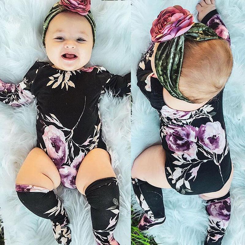 Baby Girl Long Sleeve Floral Romper Warm 2 Pcs Set