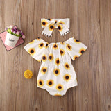 Baby Girl Off Shoulder Sunflower  Short Sleeve Romper 2 Pcs Set