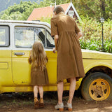 Family Matching Mommy And Me Outfits Front-Button Collar Midi-Sleeve Solid Dresses