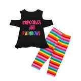 Kid Baby Girls Short Sleeve Letter Stripe Summer Rainbow 2 Pcs Sets